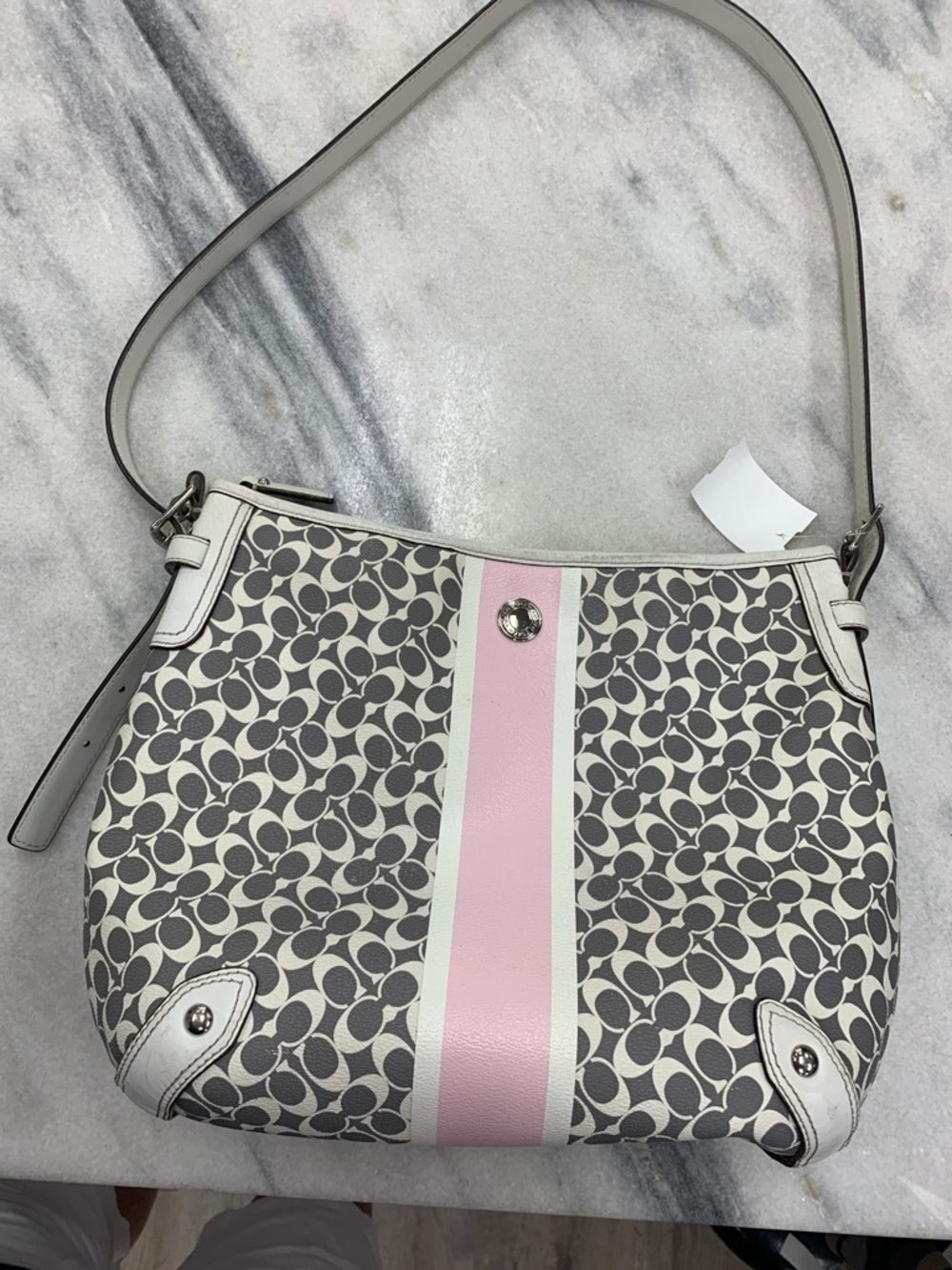 Coach Signature Canvas Shoulder Bag in Pink and Gray with White Trim - Picture 5 of 11